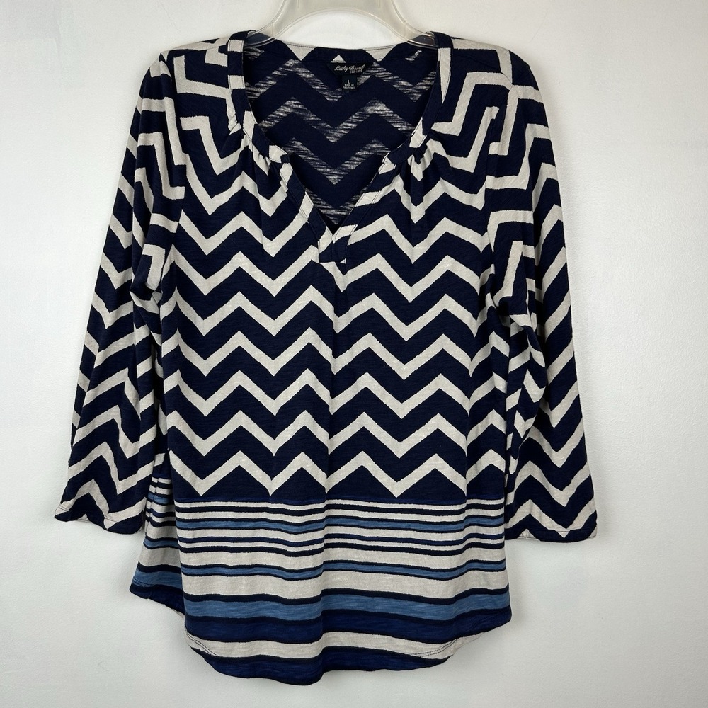 Lucky Brand Top Womens Medium M Blue White Chevron Casual Boho